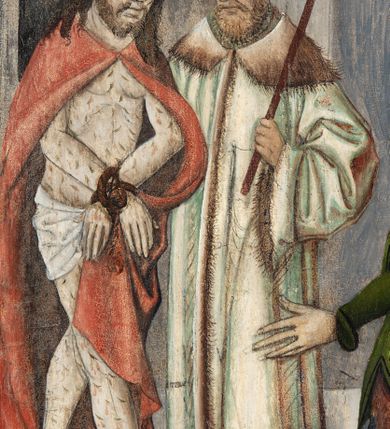 Zdjęcie nr 62: Obraz środkowy w kształcie stojącego prostokąta z przedstawieniem Matki Boskiej z Dzieciątkiem oraz św. Michała Archanioła i św. Katarzyny Aleksandryjskiej, ukazanych całopostaciowo, frontalnie, w typie Sacra Conversatione. Skrzydła dwustronnie malowane, dwustrefowe. Na awersach – skrzydło lewe: św. Jan Ewangelista, św. Stanisław; skrzydło prawe: św. Jan Chrzciciel, św. Mikołaj. Na rewersach – skrzydło lewe: Chrystus w Ogrojcu, Ecce Homo; skrzydło prawe: Biczowanie, Upadek pod krzyżem. W zwieńczeniu Ukrzyżowanie.