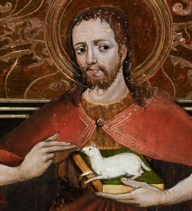 Zdjęcie nr 33: Obraz środkowy w kształcie stojącego prostokąta z przedstawieniem Matki Boskiej z Dzieciątkiem oraz św. Michała Archanioła i św. Katarzyny Aleksandryjskiej, ukazanych całopostaciowo, frontalnie, w typie Sacra Conversatione. Skrzydła dwustronnie malowane, dwustrefowe. Na awersach – skrzydło lewe: św. Jan Ewangelista, św. Stanisław; skrzydło prawe: św. Jan Chrzciciel, św. Mikołaj. Na rewersach – skrzydło lewe: Chrystus w Ogrojcu, Ecce Homo; skrzydło prawe: Biczowanie, Upadek pod krzyżem. W zwieńczeniu Ukrzyżowanie.