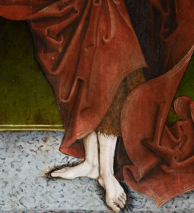 Zdjęcie nr 34: Obraz środkowy w kształcie stojącego prostokąta z przedstawieniem Matki Boskiej z Dzieciątkiem oraz św. Michała Archanioła i św. Katarzyny Aleksandryjskiej, ukazanych całopostaciowo, frontalnie, w typie Sacra Conversatione. Skrzydła dwustronnie malowane, dwustrefowe. Na awersach – skrzydło lewe: św. Jan Ewangelista, św. Stanisław; skrzydło prawe: św. Jan Chrzciciel, św. Mikołaj. Na rewersach – skrzydło lewe: Chrystus w Ogrojcu, Ecce Homo; skrzydło prawe: Biczowanie, Upadek pod krzyżem. W zwieńczeniu Ukrzyżowanie.