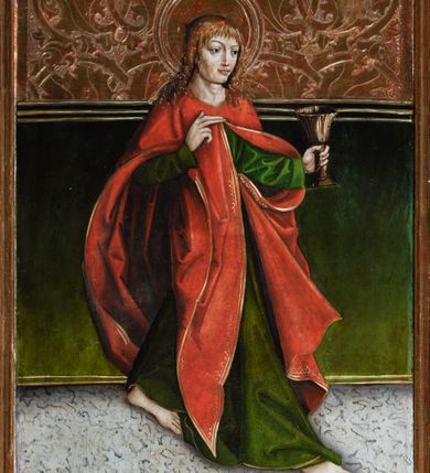 Zdjęcie nr 22: Obraz środkowy w kształcie stojącego prostokąta z przedstawieniem Matki Boskiej z Dzieciątkiem oraz św. Michała Archanioła i św. Katarzyny Aleksandryjskiej, ukazanych całopostaciowo, frontalnie, w typie Sacra Conversatione. Skrzydła dwustronnie malowane, dwustrefowe. Na awersach – skrzydło lewe: św. Jan Ewangelista, św. Stanisław; skrzydło prawe: św. Jan Chrzciciel, św. Mikołaj. Na rewersach – skrzydło lewe: Chrystus w Ogrojcu, Ecce Homo; skrzydło prawe: Biczowanie, Upadek pod krzyżem. W zwieńczeniu Ukrzyżowanie.