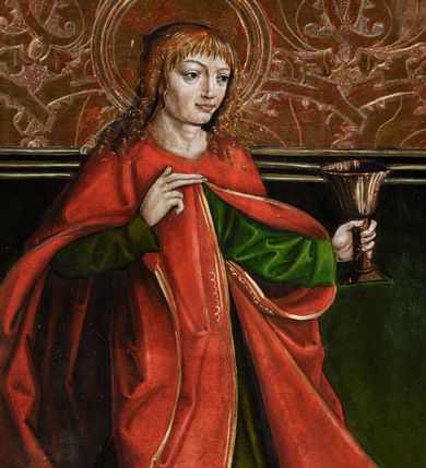 Zdjęcie nr 23: Obraz środkowy w kształcie stojącego prostokąta z przedstawieniem Matki Boskiej z Dzieciątkiem oraz św. Michała Archanioła i św. Katarzyny Aleksandryjskiej, ukazanych całopostaciowo, frontalnie, w typie Sacra Conversatione. Skrzydła dwustronnie malowane, dwustrefowe. Na awersach – skrzydło lewe: św. Jan Ewangelista, św. Stanisław; skrzydło prawe: św. Jan Chrzciciel, św. Mikołaj. Na rewersach – skrzydło lewe: Chrystus w Ogrojcu, Ecce Homo; skrzydło prawe: Biczowanie, Upadek pod krzyżem. W zwieńczeniu Ukrzyżowanie.