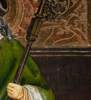 Zdjęcie nr 39: Obraz środkowy w kształcie stojącego prostokąta z przedstawieniem Matki Boskiej z Dzieciątkiem oraz św. Michała Archanioła i św. Katarzyny Aleksandryjskiej, ukazanych całopostaciowo, frontalnie, w typie Sacra Conversatione. Skrzydła dwustronnie malowane, dwustrefowe. Na awersach – skrzydło lewe: św. Jan Ewangelista, św. Stanisław; skrzydło prawe: św. Jan Chrzciciel, św. Mikołaj. Na rewersach – skrzydło lewe: Chrystus w Ogrojcu, Ecce Homo; skrzydło prawe: Biczowanie, Upadek pod krzyżem. W zwieńczeniu Ukrzyżowanie.