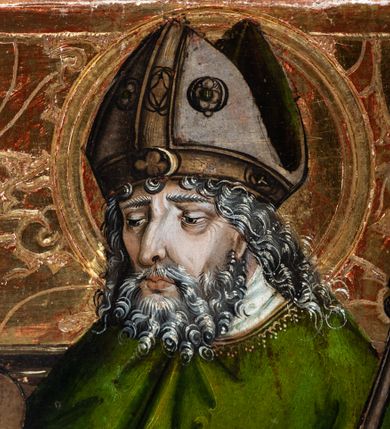 Zdjęcie nr 38: Obraz środkowy w kształcie stojącego prostokąta z przedstawieniem Matki Boskiej z Dzieciątkiem oraz św. Michała Archanioła i św. Katarzyny Aleksandryjskiej, ukazanych całopostaciowo, frontalnie, w typie Sacra Conversatione. Skrzydła dwustronnie malowane, dwustrefowe. Na awersach – skrzydło lewe: św. Jan Ewangelista, św. Stanisław; skrzydło prawe: św. Jan Chrzciciel, św. Mikołaj. Na rewersach – skrzydło lewe: Chrystus w Ogrojcu, Ecce Homo; skrzydło prawe: Biczowanie, Upadek pod krzyżem. W zwieńczeniu Ukrzyżowanie.