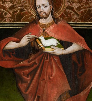 Zdjęcie nr 31: Obraz środkowy w kształcie stojącego prostokąta z przedstawieniem Matki Boskiej z Dzieciątkiem oraz św. Michała Archanioła i św. Katarzyny Aleksandryjskiej, ukazanych całopostaciowo, frontalnie, w typie Sacra Conversatione. Skrzydła dwustronnie malowane, dwustrefowe. Na awersach – skrzydło lewe: św. Jan Ewangelista, św. Stanisław; skrzydło prawe: św. Jan Chrzciciel, św. Mikołaj. Na rewersach – skrzydło lewe: Chrystus w Ogrojcu, Ecce Homo; skrzydło prawe: Biczowanie, Upadek pod krzyżem. W zwieńczeniu Ukrzyżowanie.