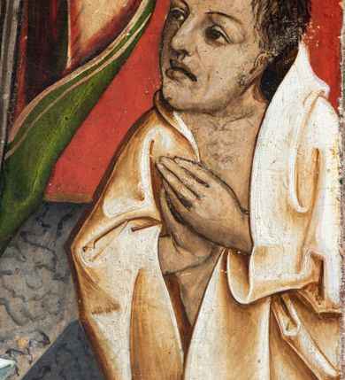 Zdjęcie nr 29: Obraz środkowy w kształcie stojącego prostokąta z przedstawieniem Matki Boskiej z Dzieciątkiem oraz św. Michała Archanioła i św. Katarzyny Aleksandryjskiej, ukazanych całopostaciowo, frontalnie, w typie Sacra Conversatione. Skrzydła dwustronnie malowane, dwustrefowe. Na awersach – skrzydło lewe: św. Jan Ewangelista, św. Stanisław; skrzydło prawe: św. Jan Chrzciciel, św. Mikołaj. Na rewersach – skrzydło lewe: Chrystus w Ogrojcu, Ecce Homo; skrzydło prawe: Biczowanie, Upadek pod krzyżem. W zwieńczeniu Ukrzyżowanie.