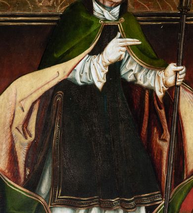 Zdjęcie nr 26: Obraz środkowy w kształcie stojącego prostokąta z przedstawieniem Matki Boskiej z Dzieciątkiem oraz św. Michała Archanioła i św. Katarzyny Aleksandryjskiej, ukazanych całopostaciowo, frontalnie, w typie Sacra Conversatione. Skrzydła dwustronnie malowane, dwustrefowe. Na awersach – skrzydło lewe: św. Jan Ewangelista, św. Stanisław; skrzydło prawe: św. Jan Chrzciciel, św. Mikołaj. Na rewersach – skrzydło lewe: Chrystus w Ogrojcu, Ecce Homo; skrzydło prawe: Biczowanie, Upadek pod krzyżem. W zwieńczeniu Ukrzyżowanie.