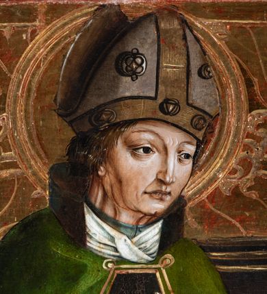 Zdjęcie nr 28: Obraz środkowy w kształcie stojącego prostokąta z przedstawieniem Matki Boskiej z Dzieciątkiem oraz św. Michała Archanioła i św. Katarzyny Aleksandryjskiej, ukazanych całopostaciowo, frontalnie, w typie Sacra Conversatione. Skrzydła dwustronnie malowane, dwustrefowe. Na awersach – skrzydło lewe: św. Jan Ewangelista, św. Stanisław; skrzydło prawe: św. Jan Chrzciciel, św. Mikołaj. Na rewersach – skrzydło lewe: Chrystus w Ogrojcu, Ecce Homo; skrzydło prawe: Biczowanie, Upadek pod krzyżem. W zwieńczeniu Ukrzyżowanie.