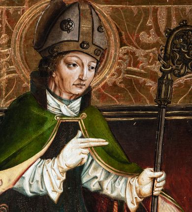 Zdjęcie nr 27: Obraz środkowy w kształcie stojącego prostokąta z przedstawieniem Matki Boskiej z Dzieciątkiem oraz św. Michała Archanioła i św. Katarzyny Aleksandryjskiej, ukazanych całopostaciowo, frontalnie, w typie Sacra Conversatione. Skrzydła dwustronnie malowane, dwustrefowe. Na awersach – skrzydło lewe: św. Jan Ewangelista, św. Stanisław; skrzydło prawe: św. Jan Chrzciciel, św. Mikołaj. Na rewersach – skrzydło lewe: Chrystus w Ogrojcu, Ecce Homo; skrzydło prawe: Biczowanie, Upadek pod krzyżem. W zwieńczeniu Ukrzyżowanie.