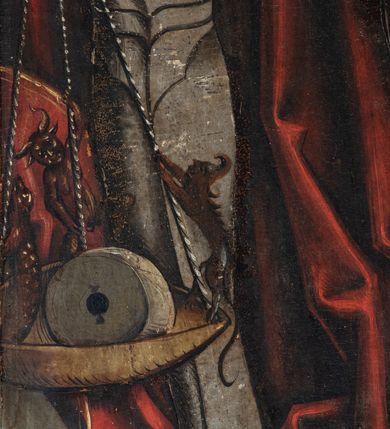 Zdjęcie nr 20: Obraz środkowy w kształcie stojącego prostokąta z przedstawieniem Matki Boskiej z Dzieciątkiem oraz św. Michała Archanioła i św. Katarzyny Aleksandryjskiej, ukazanych całopostaciowo, frontalnie, w typie Sacra Conversatione. Skrzydła dwustronnie malowane, dwustrefowe. Na awersach – skrzydło lewe: św. Jan Ewangelista, św. Stanisław; skrzydło prawe: św. Jan Chrzciciel, św. Mikołaj. Na rewersach – skrzydło lewe: Chrystus w Ogrojcu, Ecce Homo; skrzydło prawe: Biczowanie, Upadek pod krzyżem. W zwieńczeniu Ukrzyżowanie.