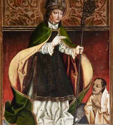 Zdjęcie nr 25: Obraz środkowy w kształcie stojącego prostokąta z przedstawieniem Matki Boskiej z Dzieciątkiem oraz św. Michała Archanioła i św. Katarzyny Aleksandryjskiej, ukazanych całopostaciowo, frontalnie, w typie Sacra Conversatione. Skrzydła dwustronnie malowane, dwustrefowe. Na awersach – skrzydło lewe: św. Jan Ewangelista, św. Stanisław; skrzydło prawe: św. Jan Chrzciciel, św. Mikołaj. Na rewersach – skrzydło lewe: Chrystus w Ogrojcu, Ecce Homo; skrzydło prawe: Biczowanie, Upadek pod krzyżem. W zwieńczeniu Ukrzyżowanie.