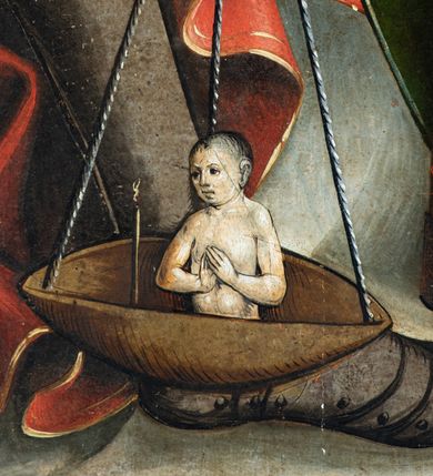 Zdjęcie nr 19: Obraz środkowy w kształcie stojącego prostokąta z przedstawieniem Matki Boskiej z Dzieciątkiem oraz św. Michała Archanioła i św. Katarzyny Aleksandryjskiej, ukazanych całopostaciowo, frontalnie, w typie Sacra Conversatione. Skrzydła dwustronnie malowane, dwustrefowe. Na awersach – skrzydło lewe: św. Jan Ewangelista, św. Stanisław; skrzydło prawe: św. Jan Chrzciciel, św. Mikołaj. Na rewersach – skrzydło lewe: Chrystus w Ogrojcu, Ecce Homo; skrzydło prawe: Biczowanie, Upadek pod krzyżem. W zwieńczeniu Ukrzyżowanie.