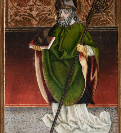 Zdjęcie nr 35: Obraz środkowy w kształcie stojącego prostokąta z przedstawieniem Matki Boskiej z Dzieciątkiem oraz św. Michała Archanioła i św. Katarzyny Aleksandryjskiej, ukazanych całopostaciowo, frontalnie, w typie Sacra Conversatione. Skrzydła dwustronnie malowane, dwustrefowe. Na awersach – skrzydło lewe: św. Jan Ewangelista, św. Stanisław; skrzydło prawe: św. Jan Chrzciciel, św. Mikołaj. Na rewersach – skrzydło lewe: Chrystus w Ogrojcu, Ecce Homo; skrzydło prawe: Biczowanie, Upadek pod krzyżem. W zwieńczeniu Ukrzyżowanie.