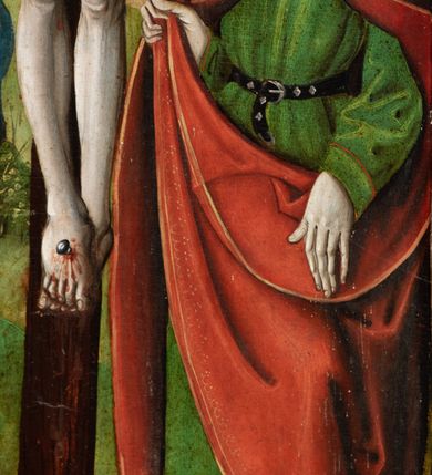 Zdjęcie nr 46: Obraz środkowy w kształcie stojącego prostokąta z przedstawieniem Matki Boskiej z Dzieciątkiem oraz św. Michała Archanioła i św. Katarzyny Aleksandryjskiej, ukazanych całopostaciowo, frontalnie, w typie Sacra Conversatione. Skrzydła dwustronnie malowane, dwustrefowe. Na awersach – skrzydło lewe: św. Jan Ewangelista, św. Stanisław; skrzydło prawe: św. Jan Chrzciciel, św. Mikołaj. Na rewersach – skrzydło lewe: Chrystus w Ogrojcu, Ecce Homo; skrzydło prawe: Biczowanie, Upadek pod krzyżem. W zwieńczeniu Ukrzyżowanie.