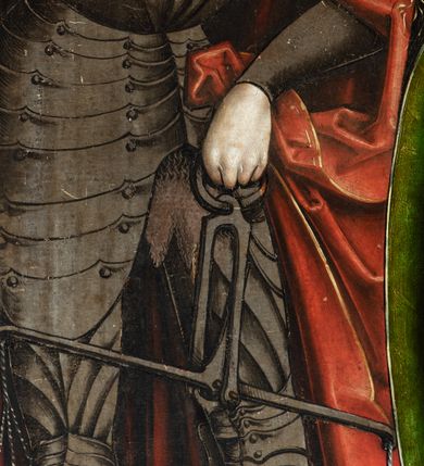 Zdjęcie nr 17: Obraz środkowy w kształcie stojącego prostokąta z przedstawieniem Matki Boskiej z Dzieciątkiem oraz św. Michała Archanioła i św. Katarzyny Aleksandryjskiej, ukazanych całopostaciowo, frontalnie, w typie Sacra Conversatione. Skrzydła dwustronnie malowane, dwustrefowe. Na awersach – skrzydło lewe: św. Jan Ewangelista, św. Stanisław; skrzydło prawe: św. Jan Chrzciciel, św. Mikołaj. Na rewersach – skrzydło lewe: Chrystus w Ogrojcu, Ecce Homo; skrzydło prawe: Biczowanie, Upadek pod krzyżem. W zwieńczeniu Ukrzyżowanie.