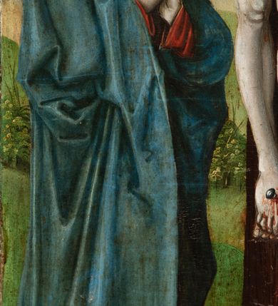 Zdjęcie nr 45: Obraz środkowy w kształcie stojącego prostokąta z przedstawieniem Matki Boskiej z Dzieciątkiem oraz św. Michała Archanioła i św. Katarzyny Aleksandryjskiej, ukazanych całopostaciowo, frontalnie, w typie Sacra Conversatione. Skrzydła dwustronnie malowane, dwustrefowe. Na awersach – skrzydło lewe: św. Jan Ewangelista, św. Stanisław; skrzydło prawe: św. Jan Chrzciciel, św. Mikołaj. Na rewersach – skrzydło lewe: Chrystus w Ogrojcu, Ecce Homo; skrzydło prawe: Biczowanie, Upadek pod krzyżem. W zwieńczeniu Ukrzyżowanie.