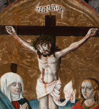 Zdjęcie nr 42: Obraz środkowy w kształcie stojącego prostokąta z przedstawieniem Matki Boskiej z Dzieciątkiem oraz św. Michała Archanioła i św. Katarzyny Aleksandryjskiej, ukazanych całopostaciowo, frontalnie, w typie Sacra Conversatione. Skrzydła dwustronnie malowane, dwustrefowe. Na awersach – skrzydło lewe: św. Jan Ewangelista, św. Stanisław; skrzydło prawe: św. Jan Chrzciciel, św. Mikołaj. Na rewersach – skrzydło lewe: Chrystus w Ogrojcu, Ecce Homo; skrzydło prawe: Biczowanie, Upadek pod krzyżem. W zwieńczeniu Ukrzyżowanie.