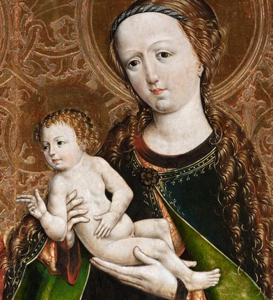 Zdjęcie nr 32: Obraz środkowy w kształcie stojącego prostokąta z przedstawieniem Matki Boskiej z Dzieciątkiem oraz św. Michała Archanioła i św. Katarzyny Aleksandryjskiej, ukazanych całopostaciowo, frontalnie, w typie Sacra Conversatione. Skrzydła dwustronnie malowane, dwustrefowe. Na awersach – skrzydło lewe: św. Jan Ewangelista, św. Stanisław; skrzydło prawe: św. Jan Chrzciciel, św. Mikołaj. Na rewersach – skrzydło lewe: Chrystus w Ogrojcu, Ecce Homo; skrzydło prawe: Biczowanie, Upadek pod krzyżem. W zwieńczeniu Ukrzyżowanie.