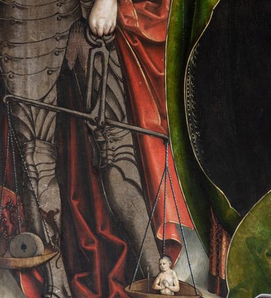 Zdjęcie nr 16: Obraz środkowy w kształcie stojącego prostokąta z przedstawieniem Matki Boskiej z Dzieciątkiem oraz św. Michała Archanioła i św. Katarzyny Aleksandryjskiej, ukazanych całopostaciowo, frontalnie, w typie Sacra Conversatione. Skrzydła dwustronnie malowane, dwustrefowe. Na awersach – skrzydło lewe: św. Jan Ewangelista, św. Stanisław; skrzydło prawe: św. Jan Chrzciciel, św. Mikołaj. Na rewersach – skrzydło lewe: Chrystus w Ogrojcu, Ecce Homo; skrzydło prawe: Biczowanie, Upadek pod krzyżem. W zwieńczeniu Ukrzyżowanie.