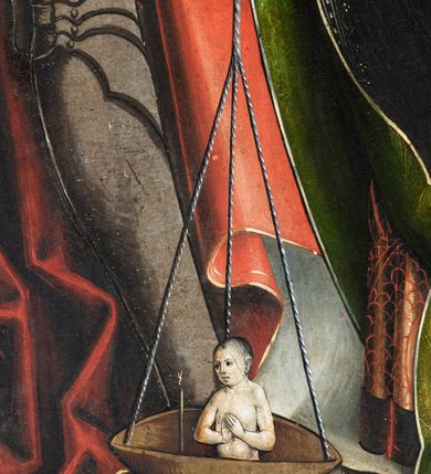 Zdjęcie nr 18: Obraz środkowy w kształcie stojącego prostokąta z przedstawieniem Matki Boskiej z Dzieciątkiem oraz św. Michała Archanioła i św. Katarzyny Aleksandryjskiej, ukazanych całopostaciowo, frontalnie, w typie Sacra Conversatione. Skrzydła dwustronnie malowane, dwustrefowe. Na awersach – skrzydło lewe: św. Jan Ewangelista, św. Stanisław; skrzydło prawe: św. Jan Chrzciciel, św. Mikołaj. Na rewersach – skrzydło lewe: Chrystus w Ogrojcu, Ecce Homo; skrzydło prawe: Biczowanie, Upadek pod krzyżem. W zwieńczeniu Ukrzyżowanie.