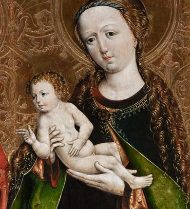 Zdjęcie nr 11: Obraz środkowy w kształcie stojącego prostokąta z przedstawieniem Matki Boskiej z Dzieciątkiem oraz św. Michała Archanioła i św. Katarzyny Aleksandryjskiej, ukazanych całopostaciowo, frontalnie, w typie Sacra Conversatione. Skrzydła dwustronnie malowane, dwustrefowe. Na awersach – skrzydło lewe: św. Jan Ewangelista, św. Stanisław; skrzydło prawe: św. Jan Chrzciciel, św. Mikołaj. Na rewersach – skrzydło lewe: Chrystus w Ogrojcu, Ecce Homo; skrzydło prawe: Biczowanie, Upadek pod krzyżem. W zwieńczeniu Ukrzyżowanie.