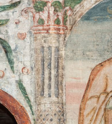 Zdjęcie nr 88: Obraz środkowy w kształcie stojącego prostokąta z przedstawieniem Matki Boskiej z Dzieciątkiem oraz św. Michała Archanioła i św. Katarzyny Aleksandryjskiej, ukazanych całopostaciowo, frontalnie, w typie Sacra Conversatione. Skrzydła dwustronnie malowane, dwustrefowe. Na awersach – skrzydło lewe: św. Jan Ewangelista, św. Stanisław; skrzydło prawe: św. Jan Chrzciciel, św. Mikołaj. Na rewersach – skrzydło lewe: Chrystus w Ogrojcu, Ecce Homo; skrzydło prawe: Biczowanie, Upadek pod krzyżem. W zwieńczeniu Ukrzyżowanie.