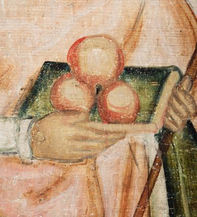 Zdjęcie nr 86: Obraz środkowy w kształcie stojącego prostokąta z przedstawieniem Matki Boskiej z Dzieciątkiem oraz św. Michała Archanioła i św. Katarzyny Aleksandryjskiej, ukazanych całopostaciowo, frontalnie, w typie Sacra Conversatione. Skrzydła dwustronnie malowane, dwustrefowe. Na awersach – skrzydło lewe: św. Jan Ewangelista, św. Stanisław; skrzydło prawe: św. Jan Chrzciciel, św. Mikołaj. Na rewersach – skrzydło lewe: Chrystus w Ogrojcu, Ecce Homo; skrzydło prawe: Biczowanie, Upadek pod krzyżem. W zwieńczeniu Ukrzyżowanie.