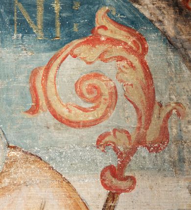 Zdjęcie nr 87: Obraz środkowy w kształcie stojącego prostokąta z przedstawieniem Matki Boskiej z Dzieciątkiem oraz św. Michała Archanioła i św. Katarzyny Aleksandryjskiej, ukazanych całopostaciowo, frontalnie, w typie Sacra Conversatione. Skrzydła dwustronnie malowane, dwustrefowe. Na awersach – skrzydło lewe: św. Jan Ewangelista, św. Stanisław; skrzydło prawe: św. Jan Chrzciciel, św. Mikołaj. Na rewersach – skrzydło lewe: Chrystus w Ogrojcu, Ecce Homo; skrzydło prawe: Biczowanie, Upadek pod krzyżem. W zwieńczeniu Ukrzyżowanie.