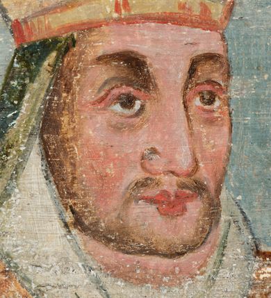 Zdjęcie nr 85: Obraz środkowy w kształcie stojącego prostokąta z przedstawieniem Matki Boskiej z Dzieciątkiem oraz św. Michała Archanioła i św. Katarzyny Aleksandryjskiej, ukazanych całopostaciowo, frontalnie, w typie Sacra Conversatione. Skrzydła dwustronnie malowane, dwustrefowe. Na awersach – skrzydło lewe: św. Jan Ewangelista, św. Stanisław; skrzydło prawe: św. Jan Chrzciciel, św. Mikołaj. Na rewersach – skrzydło lewe: Chrystus w Ogrojcu, Ecce Homo; skrzydło prawe: Biczowanie, Upadek pod krzyżem. W zwieńczeniu Ukrzyżowanie.