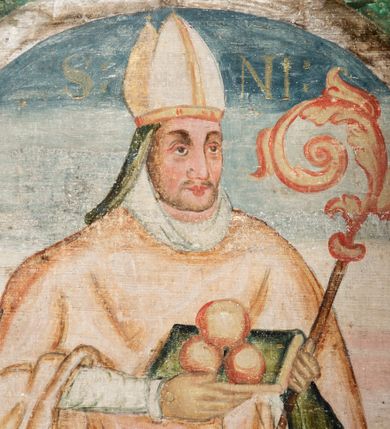 Zdjęcie nr 82: Obraz środkowy w kształcie stojącego prostokąta z przedstawieniem Matki Boskiej z Dzieciątkiem oraz św. Michała Archanioła i św. Katarzyny Aleksandryjskiej, ukazanych całopostaciowo, frontalnie, w typie Sacra Conversatione. Skrzydła dwustronnie malowane, dwustrefowe. Na awersach – skrzydło lewe: św. Jan Ewangelista, św. Stanisław; skrzydło prawe: św. Jan Chrzciciel, św. Mikołaj. Na rewersach – skrzydło lewe: Chrystus w Ogrojcu, Ecce Homo; skrzydło prawe: Biczowanie, Upadek pod krzyżem. W zwieńczeniu Ukrzyżowanie.