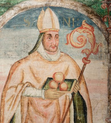 Zdjęcie nr 81: Obraz środkowy w kształcie stojącego prostokąta z przedstawieniem Matki Boskiej z Dzieciątkiem oraz św. Michała Archanioła i św. Katarzyny Aleksandryjskiej, ukazanych całopostaciowo, frontalnie, w typie Sacra Conversatione. Skrzydła dwustronnie malowane, dwustrefowe. Na awersach – skrzydło lewe: św. Jan Ewangelista, św. Stanisław; skrzydło prawe: św. Jan Chrzciciel, św. Mikołaj. Na rewersach – skrzydło lewe: Chrystus w Ogrojcu, Ecce Homo; skrzydło prawe: Biczowanie, Upadek pod krzyżem. W zwieńczeniu Ukrzyżowanie.