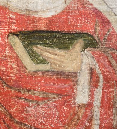 Zdjęcie nr 3: Obraz środkowy w kształcie stojącego prostokąta z przedstawieniem Matki Boskiej z Dzieciątkiem oraz św. Michała Archanioła i św. Katarzyny Aleksandryjskiej, ukazanych całopostaciowo, frontalnie, w typie Sacra Conversatione. Skrzydła dwustronnie malowane, dwustrefowe. Na awersach – skrzydło lewe: św. Jan Ewangelista, św. Stanisław; skrzydło prawe: św. Jan Chrzciciel, św. Mikołaj. Na rewersach – skrzydło lewe: Chrystus w Ogrojcu, Ecce Homo; skrzydło prawe: Biczowanie, Upadek pod krzyżem. W zwieńczeniu Ukrzyżowanie.