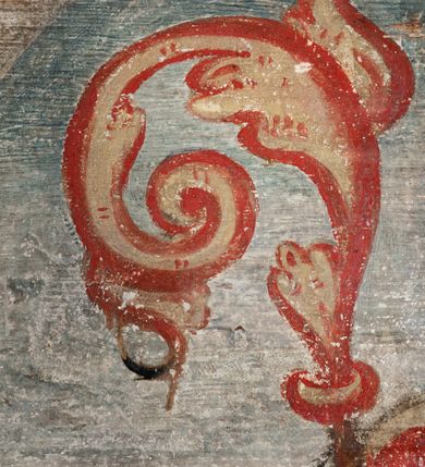 Zdjęcie nr 6: Obraz środkowy w kształcie stojącego prostokąta z przedstawieniem Matki Boskiej z Dzieciątkiem oraz św. Michała Archanioła i św. Katarzyny Aleksandryjskiej, ukazanych całopostaciowo, frontalnie, w typie Sacra Conversatione. Skrzydła dwustronnie malowane, dwustrefowe. Na awersach – skrzydło lewe: św. Jan Ewangelista, św. Stanisław; skrzydło prawe: św. Jan Chrzciciel, św. Mikołaj. Na rewersach – skrzydło lewe: Chrystus w Ogrojcu, Ecce Homo; skrzydło prawe: Biczowanie, Upadek pod krzyżem. W zwieńczeniu Ukrzyżowanie.