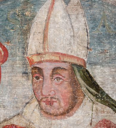 Zdjęcie nr 93: Obraz środkowy w kształcie stojącego prostokąta z przedstawieniem Matki Boskiej z Dzieciątkiem oraz św. Michała Archanioła i św. Katarzyny Aleksandryjskiej, ukazanych całopostaciowo, frontalnie, w typie Sacra Conversatione. Skrzydła dwustronnie malowane, dwustrefowe. Na awersach – skrzydło lewe: św. Jan Ewangelista, św. Stanisław; skrzydło prawe: św. Jan Chrzciciel, św. Mikołaj. Na rewersach – skrzydło lewe: Chrystus w Ogrojcu, Ecce Homo; skrzydło prawe: Biczowanie, Upadek pod krzyżem. W zwieńczeniu Ukrzyżowanie.