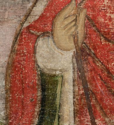 Zdjęcie nr 4: Obraz środkowy w kształcie stojącego prostokąta z przedstawieniem Matki Boskiej z Dzieciątkiem oraz św. Michała Archanioła i św. Katarzyny Aleksandryjskiej, ukazanych całopostaciowo, frontalnie, w typie Sacra Conversatione. Skrzydła dwustronnie malowane, dwustrefowe. Na awersach – skrzydło lewe: św. Jan Ewangelista, św. Stanisław; skrzydło prawe: św. Jan Chrzciciel, św. Mikołaj. Na rewersach – skrzydło lewe: Chrystus w Ogrojcu, Ecce Homo; skrzydło prawe: Biczowanie, Upadek pod krzyżem. W zwieńczeniu Ukrzyżowanie.