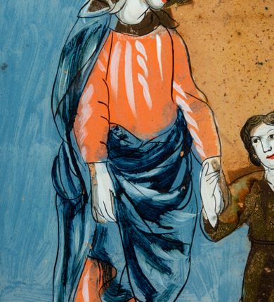 Zdjęcie nr 2: Obraz w kształcie stojącego prostokąta, w starszej, drewnianej, profilowanej ramce pomalowanej na czarno. Na błękitnym jednolitym tle całopostaciowe przedstawienie Matki Boskiej i św. Józefa prowadzących za ręce kilkuletniego Jezusa.   Postacie zwrócone w trzech czwartych w lewo, ukazane w ruchu (w wykroku). Maria ubrana w długą czerwoną suknię, okryta ciemnoniebieskim płaszczem, na głowie nosi białą chustę. Św. Józef, ubrany w długą zieloną suknię, przewiązany w pasie czerwoną draperią, w lewej dłoni trzyma białą lilię, głowę zwraca w kierunku idącego obok Jezusa. Wokół głów Marii i Józefa koliste nimby.  W tle, za plecami przedstawionych osób duże złote koło ozdobione w górnej części dużymi kielichami kwiatów róż i tulipanów. Koloryt intensywny, nasycony. Formy kształtowane czarnym konturem i światłocieniowo.