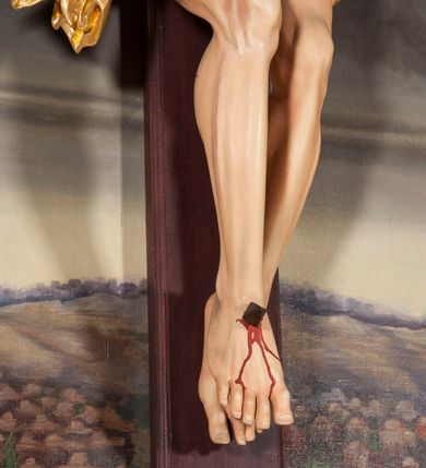 Zdjęcie nr 7: Figura Chrystusa umarłego przybita jest trzema gwoździami do krzyża o prostych ramionach. Ciało w lekkim zwisie o horyzontalnie rozłożonych ramionach, z głową opadającą na prawy bark, nogi silnie ugięte w kolanach, stopy skrzyżowane w układzie prawa na lewą. Chrystus ma podłużną twarz, o migdałowatych, zamkniętych oczach, dużym, garbatym nosie oraz szerokich, rozchylonych ustach, okoloną krótką brodą oraz skręconymi w pukle włosami opadającymi na prawe ramię. Na głowie ma nałożoną koronę cierniową. Ciało ma silnie wychudzone z wyraźnie podkreślonymi guzowatymi żebrami, mostkiem i kośćmi biodrowymi, z silnie wciętą talią oraz zapadłą płaszczyzną brzucha. Nogi i ręce o podkreślonej wklęsło-wypukłej linii mięśni i ścięgien. Złocone perizonium zawieszone na podwójnym sznurze, odsłaniające prawe udo, z rozwianym zwisem tkaniny na prawym boku. Na krzyżowaniu belek krzyża, na tle głowy Zbawiciela gloria promienista. Na zakończeniu pionowej belki krzyża banderola z napisem „IN RI”. Polichromia ciała Chrystusa naturalistyczna, z zaznaczonymi śladami męki. 


