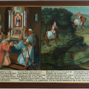 Zdjęcie nr 1: Obraz w formie leżącego prostokąta. Kompozycja podzielona jest na dwie sceny, wzdłuż dolnej krawędzi pole z napisem. Lewa scena przedstawia wnętrze kościoła w Gdowie z ołtarzem głównym i obrazem Matki Boskiej. Przed nim dwaj klęczący mężczyźni, zwróceni profilem do wewnątrz, w otoczeniu trzech innych postaci. Po prawej ukazany Władysław Warneńczyk, z rękami złożonymi w geście modlitwy. Ukazany jako młodzieniec, z jasnymi włosami. Ubrany jest jasnoróżową szatę spodnią, krótszą i białą szatę wierzchnią oraz jasnoczerwony płaszcz podbity gronostajem, na piersi ma zawieszony łańcuch, na głowie koronę otwartą. Przed nim klęczy dojrzały mężczyzna, z rękami wyciągniętymi do przodu, okolony brodą i jasnymi włosami. Ubrany jest w niebieską szatę z kapturem, przepasaną w talii, z mieczem przy boku. Za nim stoi mężczyzna, ukazany w trzech czwartych od tyłu, lewa ręką przytrzymuje płaszcz, prawą wyciąga przed siebie. Ukazany jako dojrzały mężczyzna, okolony krótką brodą, z niebieskim turbanem na głowie. Ubrany w białą szatę sięgająca kolan, niebieski płaszcz, przy boku ma miecz, na nogach wysokie buty. W lewej części sceny, za Władysławem stoją dwaj dojrzali mężczyźni, jeden w stroju dworzanina, w niebieskiej tunice, czerwonym płaszczu z kołnierzem oraz kapeluszu z piórami. Obok niego postać w jasnoróżowej tunice, zielonym płaszczu, z turbanem na głowie. Prawa scena podzielona na dwa przedstawienia. W lewej części ukazuje Władysława Warneńczyka w zbroi, na koniu, błąkającego się w puszczy. W prawej ta sama postać znajduje się pośród pól, przed zamkiem. U dołu obrazu wierszowany czarny napis na białym tle objaśniający przedstawione sceny: „Władysław III pobożny w ofiary / Ten to co zginął pod warną dla wiary / On jeszcze młody już węgrom króluje / Gdy w pewnym czasie Polskę wizytuje / Przejeżdża przez Gdów w tym ciężko choruje / O życiu dalszym cale desperuje / Lecz gdy Maryi w tym kościele wzywa / Życie i zdrowie zaraz otrzymywa / W dalszym zaś wieku został Polskim Królem / W niepołomicach gdy się bawi polem / Na łowach w puszczy myśliwcy w kniei / Wpadłszy niewiedzą co się z panem dzieje / Błądzi Król w puszczy a wtym myśli sobie / Doznałem cudu na mojej osobie / Matki Najświętszej gdym jej prosił w Gdowie / Więc takie wotum formuje w swej głowie / Nayświętsza  Panno niech ci będzie chwała / Żeś mi w kościele Gdowskim życie dała / Jeżeli ij ztąd Trafię ku Domowi / Uczynię dobrze Twemu Kosciołowi / Uznał natychmiast Panny Ś. dzieło / Gdy jakoby go co za rękę wzięło / Potrafił drogę prosto ku Zamkowi / A ztąd Maryi przyznaje cudowi.”




