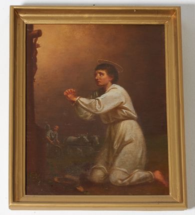 Zdjęcie nr 1: Obraz w formie stojącego prostokąta w profilowanej, złoconej ramie. W centrum znajduje się postać klęczącego św. Izydora modlącego się przed kapliczką. Święty zwrócony jest w trzech czwartych w lewo, z wyciągniętymi do przodu rękoma splecionymi w geście modlitwy. Jego twarz jest okrągła, o dużych, szeroko otwartych oczach, małym nosie i niewielkich ustach, okolona jest krótkimi, ciemnymi włosami, a nad głową ma nimb. Święty ubrany jest w białą tunikę, z wąskimi rękawami, przepasaną w talii, przed nim zaś leży słomkowy kapelusz. Przy lewej krawędzi obrazu znajduje się kapliczka z krucyfiksem na cokole, gdzie znajduje się sygnatura: „Wojciech / Eljasz / 1878”.  Na drugim planie, w lewej części obrazu ukazany jest orzący pole anioł. Tło w postaci pejzażu z ciemnobrązowym niebem, rozświetlonym wokół krucyfiksu. Kolorystyka ciepła, w tonacjach brunatnych, laserunki.
