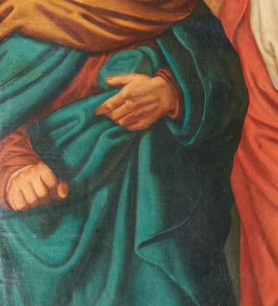 Zdjęcie nr 3: Obraz w formie stojącego prostokąta. Wielopostaciowa kompozycja przedstawiająca epizod z drogi krzyżowej. W centrum postać Chrystusa niosącego na lewym ramieniu krzyż, zwróconego w trzech czwartych w prawo, prawą rękę wyciąga ku klęczącej przed nim św. Weronice. Chrystus ubrany w białą tunikę oraz czerwony płaszcz przewiązany diagonalnie przez lewe ramię, na głowie ma koronę cierniową. Weronika ukazana tyłem, zwrócona w trzech czwartych w lewo, w obu rękach trzyma chustę. Ubrana jest w jasnofioletową tunikę, zielony płaszcz i jasnoróżowy welon. Po prawej stronie Chrystusa ukazany idący starzec z siwą brodą, ubrany w czerwoną tunikę, niebieski płaszcz i żółtą chustę. Za Chrystusem postacie oprawców i żołnierzy oraz św. Szymona z Cyreny podtrzymującego ramię krzyża. Scena ukazana na tle miasta z widocznym w oddali pejzażem. Obraz ujęty drewnianą, profilowaną ramą, polichromowaną w kolorze brązowym i złoconą. 

