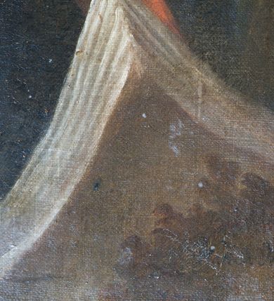 Zdjęcie nr 10: Obraz w kształcie stojącego prostokąta przedstawiający św. Idziego modlącego się przed krucyfiksem. Święty zwrócony trzy czwarte w prawo w pozycji klęczącej, ze złożonymi w geście modlitwy rękami, z delikatnie uniesioną do góry głową. Twarz o rysach starszego mężczyzny, z szerokim i haczykowatym nosem, wzrokiem skierowanym na krucyfiks, okolona bujną i siwą brodą oraz siwymi włosami. Święty ubrany jest w długą, ciemną szatę z czerwonym podbiciem, okrywającą całą sylwetkę. Przy prawym boku świętego siedzi łania, w oddali po lewej stronie widać niewielką postać w czerwonej tunice na koniu, a obok biegnącego psa. Krajobraz górski, wyrazisty z elementami bujnej roślinności. W prawym dolnym rogu obrazu widoczna jest sygnatura: „[...] J.[?] Kanty Danielski”. Rama drewniana profilowana i złocona, w narożach i na bocznych ramionach zdobiona pojedynczymi listkami stylizowanego akantu.