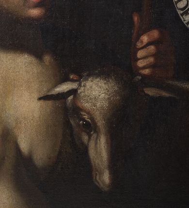 Zdjęcie nr 2: Obraz o kształcie stojącego prostokąta, w szerokiej, drewnianej ramie przedstawia św. Jana Chrzciciela z barankiem i banderolą z napisem "ECCE AGNUS DEI". Święty ukazany w półpostaci, zwrócony w trzech czwartych w lewo. Jego twarz jest pociągła, włosy krótkie, kręcone. Obok niego widoczny baranek, z głową zwróconą frontalnie. W lewej ręce trzyma krzyż z banderolą. Tło gładkie, ciemne. 