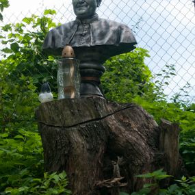 Zdjęcie nr 1: Popiersie Jana Pawła II na wysokim, profilowanym cokole. Papież ma owalną twarz, lekko uniesione brwi i zmarszczone czoło, wzrok skierowany w prawo, usta rozciągnięte w delikatnym uśmiechu. Widoczny jest fragment sutanny i pelerynki. Polichromia imituje odlew z metalu. 