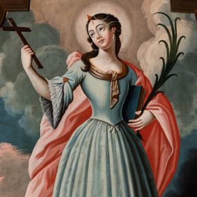 Zdjęcie nr 1: Obraz w kształcie stojącego prostokąta, zamkniętego łukiem wklęsło-wypukłym z uskokami. W centrum kompozycji ukazana św. Tekla w postawie stojącej, frontalnie, delikatnie zwrócona w lewą stronę, z krzyżem w prawej dłoni i palmą męczeństwa w lewej oraz księgą pod ręką, z głową zwróconą w prawą stronę. Twarz owalna, nos długi i wąski, wydatne usta, duże oczy ze wzrokiem skierowanym w bok. Włosy upięte do tyłu, ozdobione perełkami i złotą spinką nad czołem, na uszach długie, białe kolczyki. Policzki silnie zarumienione. Święta ubrana jest w długą, niebieską suknię, zwężoną w talii, drapowaną w gęste i pionowe fałdy; rękawy sukni szerokie, ozdobione angażantami, u dekoltu na krawędzi sukni brązowa chustka. Na lewe ramię i plecy święta ma założony obszerny, czerwony płaszcz, rozwiany z prawej strony. Wokół głowy świetlisty i kolisty nimb. Na stopach bogate trzewiki, dekorowane białą wicią i wolutkami. Po prawej stronie kompozycji płonący stos, po lewej byk i lew, a przed świętą wijący się czarno-czerwony wąż. U góry dwie uskrzydlone główki anielskie, zwrócone ku sobie. Dolna część obrazu ciemnobrązowa, wyżej błękitne niebo, a u góry białe, skłębione obłoki. W prawym, dolnym narożu sygnatura „Adalbertus Poziemski pinxit Magis(?) Crac(oviensis)”. Rama drewniana, profilowana, malowana na czerwono, a na krawędziach na brązowo.