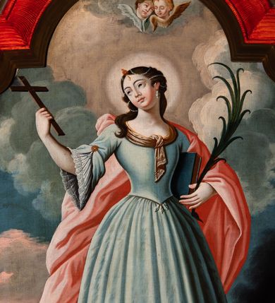 Zdjęcie nr 2: Obraz w kształcie stojącego prostokąta, zamkniętego łukiem wklęsło-wypukłym z uskokami. W centrum kompozycji ukazana św. Tekla w postawie stojącej, frontalnie, delikatnie zwrócona w lewą stronę, z krzyżem w prawej dłoni i palmą męczeństwa w lewej oraz księgą pod ręką, z głową zwróconą w prawą stronę. Twarz owalna, nos długi i wąski, wydatne usta, duże oczy ze wzrokiem skierowanym w bok. Włosy upięte do tyłu, ozdobione perełkami i złotą spinką nad czołem, na uszach długie, białe kolczyki. Policzki silnie zarumienione. Święta ubrana jest w długą, niebieską suknię, zwężoną w talii, drapowaną w gęste i pionowe fałdy; rękawy sukni szerokie, ozdobione angażantami, u dekoltu na krawędzi sukni brązowa chustka. Na lewe ramię i plecy święta ma założony obszerny, czerwony płaszcz, rozwiany z prawej strony. Wokół głowy świetlisty i kolisty nimb. Na stopach bogate trzewiki, dekorowane białą wicią i wolutkami. Po prawej stronie kompozycji płonący stos, po lewej byk i lew, a przed świętą wijący się czarno-czerwony wąż. U góry dwie uskrzydlone główki anielskie, zwrócone ku sobie. Dolna część obrazu ciemnobrązowa, wyżej błękitne niebo, a u góry białe, skłębione obłoki. W prawym, dolnym narożu sygnatura „Adalbertus Poziemski pinxit Magis(?) Crac(oviensis)”. Rama drewniana, profilowana, malowana na czerwono, a na krawędziach na brązowo.