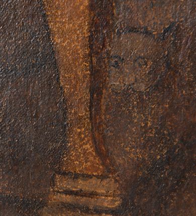 Zdjęcie nr 7: Obraz w kształcie stojącego prostokąta przedstawiający Narodziny Marii. Kompozycja wielopostaciowa, usytuowana we wnętrzu komnaty. Na pierwszym planie, po lewej stronie ukazana scena kąpieli Marii podtrzymywanej na białej chuście przez trzy położne ukazane w pozycji klęczącej. Kobieta po prawej zwrócona w prawo, w stronę Marii, ubrana jest w czerwoną suknię z długimi rękawami, bladoniebieską tunikę oraz ciemnogranatowy płaszcz, na głowie ma zawiązaną białą chustkę. Obok postać starszej kobiety, z pochyloną głową, ubranej w jasnobrązowy płaszcz, wokół twarzy podwika. Po lewej stronie dziewczęca postać w czerwonej sukni. Po prawej stronie obrazu postać służącej niosącej kosz, ukazanej frontalnie, ubranej w czerwoną suknię i jasnobrązową spódnicę oraz płaszcz. Na głowie ma udrapowaną białą chustę, zawiniętą wokół szyi i opadającą na lewe ramię. Na dalszym planie św. Anna przedstawiona w podeszłym wieku, leżąca na łożu z baldachimem. Święta zwrócona jest w lewo, w stronę siedzącego na krześle św. Joachima. Jest ubrana w granatową suknię i czerwoną chustę na głowie, wokół twarzy podwika. Święta lewą rękę podaje św. Joachimowi, ukazanemu jako stary mężczyzna, ubranemu w szarą tunikę i długi kubrak. Po lewej stronie widoczny fragment klęczącej kobiety, przysłoniętej kotarą baldachimu. Po prawej postać młodej kobiety, stojącej, zwróconej w trzech czwartych w prawo. Kobieta ubrana jest w jasnobrązową suknię i błękitny płaszcz okrywający prawe ramię i lewy bok postaci. Głowa ukazana profilem, częściowo okryta białą chustą. Scena rozgrywa się w komnacie, na tle brązowych ścian i podłogi. Z prawej strony  z przodu widać fragment krzesła z białą tkaniną na siedzeniu, w tle kominek. Obraz oprawiony w prostą, czarną ramę z żółto-czerwonym profilem od strony wewnętrznej. 