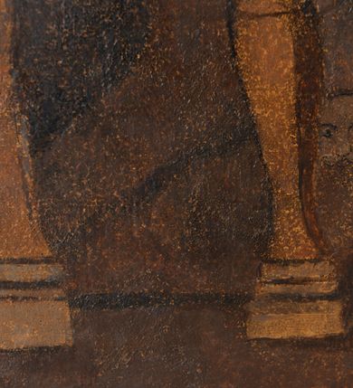 Zdjęcie nr 6: Obraz w kształcie stojącego prostokąta przedstawiający Narodziny Marii. Kompozycja wielopostaciowa, usytuowana we wnętrzu komnaty. Na pierwszym planie, po lewej stronie ukazana scena kąpieli Marii podtrzymywanej na białej chuście przez trzy położne ukazane w pozycji klęczącej. Kobieta po prawej zwrócona w prawo, w stronę Marii, ubrana jest w czerwoną suknię z długimi rękawami, bladoniebieską tunikę oraz ciemnogranatowy płaszcz, na głowie ma zawiązaną białą chustkę. Obok postać starszej kobiety, z pochyloną głową, ubranej w jasnobrązowy płaszcz, wokół twarzy podwika. Po lewej stronie dziewczęca postać w czerwonej sukni. Po prawej stronie obrazu postać służącej niosącej kosz, ukazanej frontalnie, ubranej w czerwoną suknię i jasnobrązową spódnicę oraz płaszcz. Na głowie ma udrapowaną białą chustę, zawiniętą wokół szyi i opadającą na lewe ramię. Na dalszym planie św. Anna przedstawiona w podeszłym wieku, leżąca na łożu z baldachimem. Święta zwrócona jest w lewo, w stronę siedzącego na krześle św. Joachima. Jest ubrana w granatową suknię i czerwoną chustę na głowie, wokół twarzy podwika. Święta lewą rękę podaje św. Joachimowi, ukazanemu jako stary mężczyzna, ubranemu w szarą tunikę i długi kubrak. Po lewej stronie widoczny fragment klęczącej kobiety, przysłoniętej kotarą baldachimu. Po prawej postać młodej kobiety, stojącej, zwróconej w trzech czwartych w prawo. Kobieta ubrana jest w jasnobrązową suknię i błękitny płaszcz okrywający prawe ramię i lewy bok postaci. Głowa ukazana profilem, częściowo okryta białą chustą. Scena rozgrywa się w komnacie, na tle brązowych ścian i podłogi. Z prawej strony  z przodu widać fragment krzesła z białą tkaniną na siedzeniu, w tle kominek. Obraz oprawiony w prostą, czarną ramę z żółto-czerwonym profilem od strony wewnętrznej. 