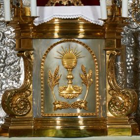 Zdjęcie nr 1: Tabernakulum w formie skrzynki, na cokole, z wybrzuszonym licem, z korpusem flankowanym ustawionymi ukośnie pilastrami, dźwigającymi gzyms, o trzonach przechodzących dołem w spływy wolutowe dekorowane motywami rocaille. Drzwiczki kwadratowe, zamknięte od góry półkoliście, ujęte ramą dekorowaną ornamentem roślinnym, w polu aplikowany kielich eucharystyczny w otoczeniu kłosów zbóż i kiści winogron. Na tabernakulum tron wystawienia utworzony ze ścianki wyłożonej czerwonym atłasem flankowanej kolumienkami dekorowanymi liśćmi akantu, ustawionymi na postumentach i dźwigającymi podwójne imposty i stojące na nich wazoniki. Całość zwieńczona baldachimem w formie kopuły zakończonej krzyżem, na planie analogicznym do tabernakulum, z podwieszonym stylizowanym lambrekinem. Drewniana struktura tabernakulum pozłacana, tron posrebrzany i pozłacany.

