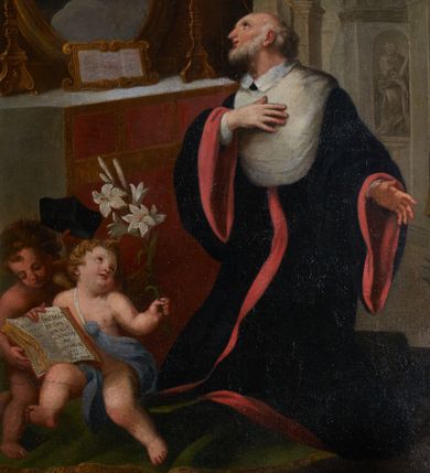 Zdjęcie nr 1: Obraz w kształcie stojącego prostokąta przedstawia klęczącego przed ołtarzem z obrazem Misericordia Domini św. Jana Kantego. Święty ukazany w trzech czwartych, z prawą ręką na piersi, a lewą opuszczoną ku dołowi i odchyloną do tyłu. Jego głowa jest ukazana z profilu, oczy zwrócone w kierunku obrazu. Nos jest podłużny, siwe włosy jedynie na tyle głowy, twarz okala krótka, kręcona, siwa broda. Święty ubrany jest w czarną togę z szerokimi rękawami, o czerwonych mankietach i brzegach, z białym, krótkim kołnierzem i białą załogę (pelerynkę). Na ołtarzu o wklęsłych bokach i czerwonym antepedium dzielonym brązową kratą z dwoma świecznikami i kanonem (fragmentami modlitw) w ozdobnej, złotej ramie znajduje się owalny obraz ze sceną Misericordia Domini – Matką Boską z rękami w geście modlitwy, stojącą przed Chrystusem w studni, nalewającym krew z przebitego boku do kielicha. Przed ołtarzem siedzą dwa putta, jedno obleczone na biodrach niebieską opaską, drugie zasłonięte trzymaną przez oba putta otwartą księgą, w dłoniach trzymają czarny biret i kwiat lilii. W prawym górnym rogu rozpostarta zasłona, za którą fragment wnętrza kościoła z arkadą i widoczną w głębi wnęką z figurą apostoła.     

