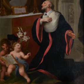 Zdjęcie nr 1: Obraz w kształcie stojącego prostokąta przedstawia klęczącego przed ołtarzem z obrazem Misericordia Domini św. Jana Kantego. Święty ukazany w trzech czwartych, z prawą ręką na piersi, a lewą opuszczoną ku dołowi i odchyloną do tyłu. Jego głowa jest ukazana z profilu, oczy zwrócone w kierunku obrazu. Nos jest podłużny, siwe włosy jedynie na tyle głowy, twarz okala krótka, kręcona, siwa broda. Święty ubrany jest w czarną togę z szerokimi rękawami, o czerwonych mankietach i brzegach, z białym, krótkim kołnierzem i białą załogę (pelerynkę). Na ołtarzu o wklęsłych bokach i czerwonym antepedium dzielonym brązową kratą z dwoma świecznikami i kanonem (fragmentami modlitw) w ozdobnej, złotej ramie znajduje się owalny obraz ze sceną Misericordia Domini – Matką Boską z rękami w geście modlitwy, stojącą przed Chrystusem w studni, nalewającym krew z przebitego boku do kielicha. Przed ołtarzem siedzą dwa putta, jedno obleczone na biodrach niebieską opaską, drugie zasłonięte trzymaną przez oba putta otwartą księgą, w dłoniach trzymają czarny biret i kwiat lilii. W prawym górnym rogu rozpostarta zasłona, za którą fragment wnętrza kościoła z arkadą i widoczną w głębi wnęką z figurą apostoła.     

