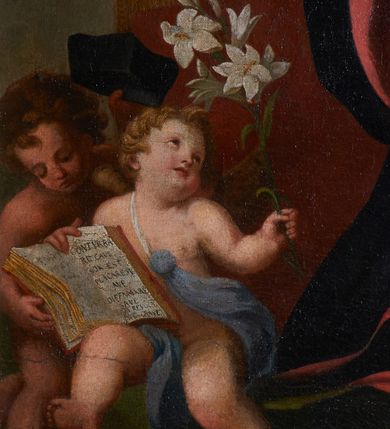 Zdjęcie nr 16: Obraz w kształcie stojącego prostokąta przedstawia klęczącego przed ołtarzem z obrazem Misericordia Domini św. Jana Kantego. Święty ukazany w trzech czwartych, z prawą ręką na piersi, a lewą opuszczoną ku dołowi i odchyloną do tyłu. Jego głowa jest ukazana z profilu, oczy zwrócone w kierunku obrazu. Nos jest podłużny, siwe włosy jedynie na tyle głowy, twarz okala krótka, kręcona, siwa broda. Święty ubrany jest w czarną togę z szerokimi rękawami, o czerwonych mankietach i brzegach, z białym, krótkim kołnierzem i białą załogę (pelerynkę). Na ołtarzu o wklęsłych bokach i czerwonym antepedium dzielonym brązową kratą z dwoma świecznikami i kanonem (fragmentami modlitw) w ozdobnej, złotej ramie znajduje się owalny obraz ze sceną Misericordia Domini – Matką Boską z rękami w geście modlitwy, stojącą przed Chrystusem w studni, nalewającym krew z przebitego boku do kielicha. Przed ołtarzem siedzą dwa putta, jedno obleczone na biodrach niebieską opaską, drugie zasłonięte trzymaną przez oba putta otwartą księgą, w dłoniach trzymają czarny biret i kwiat lilii. W prawym górnym rogu rozpostarta zasłona, za którą fragment wnętrza kościoła z arkadą i widoczną w głębi wnęką z figurą apostoła.     

